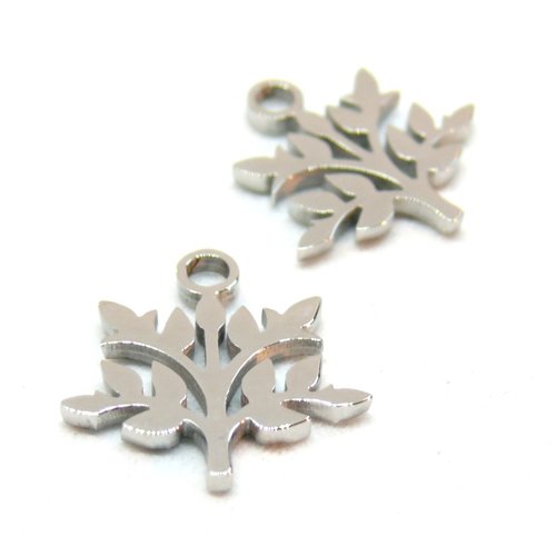 H11q31408p pax 2 pendentifs arbre, feuille 12mm, acier inoxydable chirurgical 316l finition argent