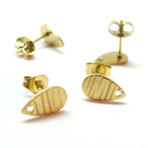 H11l21643g pax 2 boucles d'oreilles clous, puce goutte 10mm, texturé avec trou et embouts, acier inoxydable 304, doré placage ionique