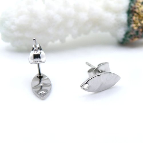 H11l024003p08 – lot de 6 boucles d’oreilles puce navette martelée 12mm avec trou et embouts – acier inoxydable 304 argenté