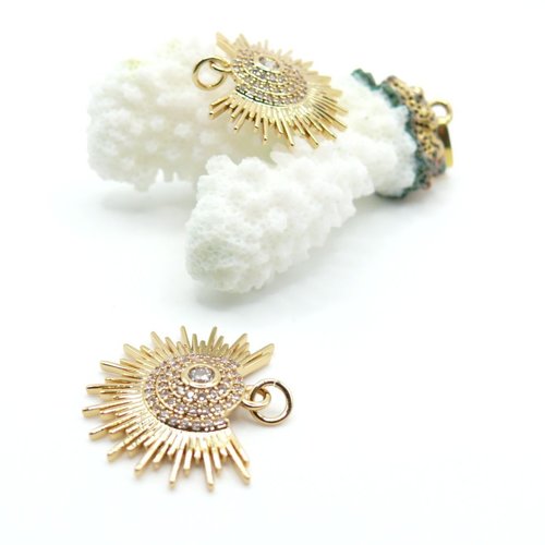 H11k16514g – lot de 1 pendentif – soleil éventail avec zircon 25 mm – laiton, doré à l’or fin 18k