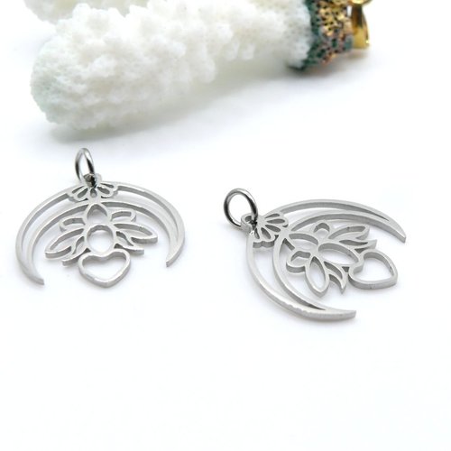 H11z11912 – lot de 2 pendentifs fleur de lotus lune 19.5mm – acier inoxydable argenté