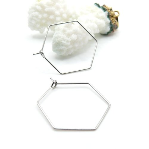 H11m28809pb – lot de 10 boucles d’oreille créoles tiges hexagonales 25mm en acier inoxydable 316 chirurgical argenté
