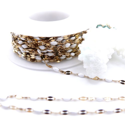 H11f002a04 – lot de 50 cm de chaîne maille navette avec résine émaillée blanc 10 × 4 mm – acier inoxydable 304 doré ionique
