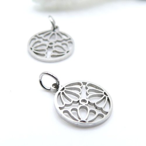 H11z11925p – lot de 2 pendentifs avec anneau, fleur de lotus dans cercle 12 mm – acier inoxydable argenté