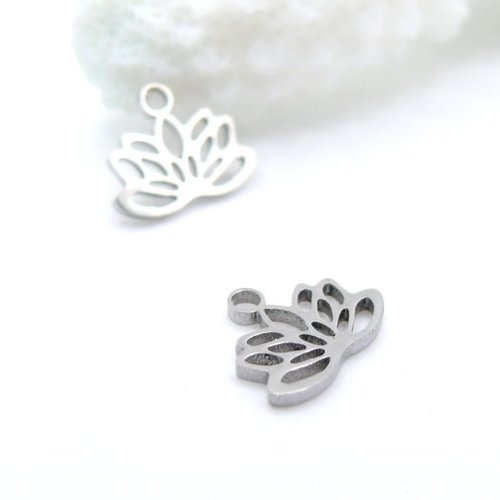 H11t05929p – lot de 4 pendentifs mini fleur de lotus 9mm – acier inoxydable 304 argenté