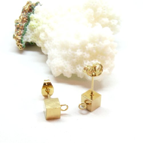 Ps11889078 – lot de 2 boucles d'oreille puce cube 5mm avec anneau d'accroche – acier inoxydable 304 doré