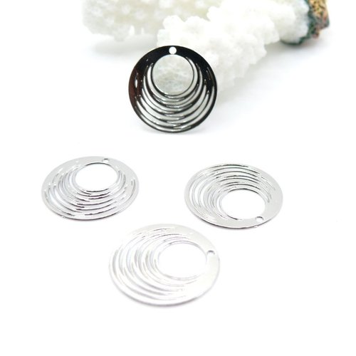 Ps110923399 – lot de 10 estampes pendentifs filigrane cercle 15.5 mm – métal argenté