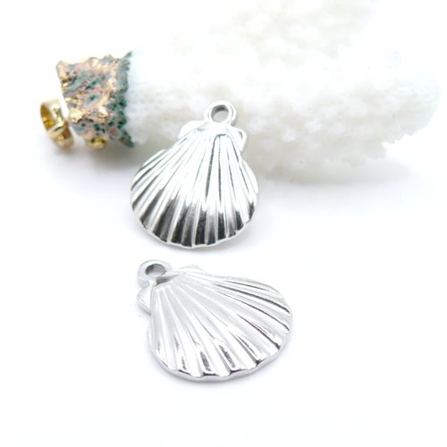 H11e18215p– lot de 1 pendentif coquille saint jacques 20 mm – acier inoxydable 304 argenté