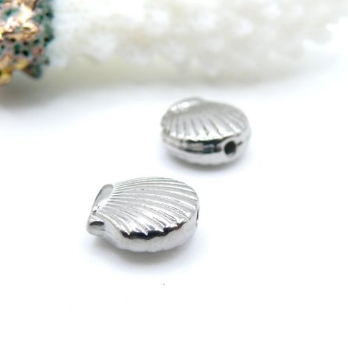H11i20323p – lot de 2 perles intercalaires coquille saint jacques 9 mm – acier inox 304 – argenté