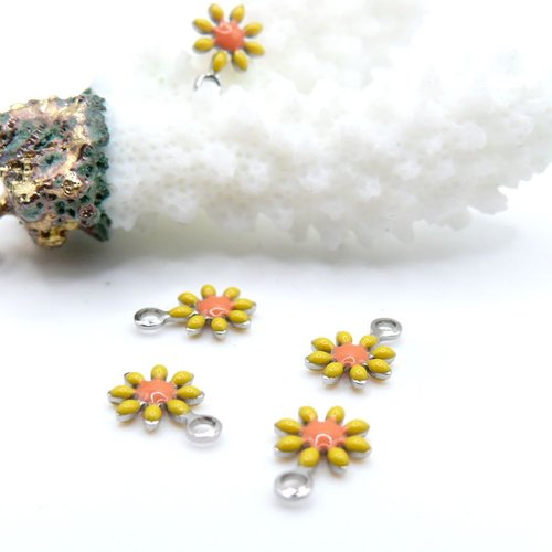 Bu112307180929333225 – lot de 6 pendentifs fleur marguerite résine émaillée jaune 7mm – acier inoxydable 304 argenté