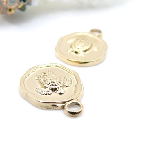 H11b03214g – lot de 1 pendentif tortue dans médaillon 16 mm , acier inox 304  doré à l’or fin 18k, ionique