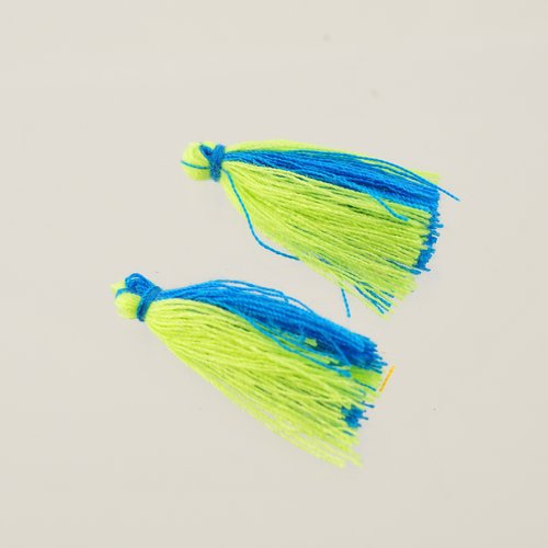 2 pompons bicolores bleu jaune 25 mm