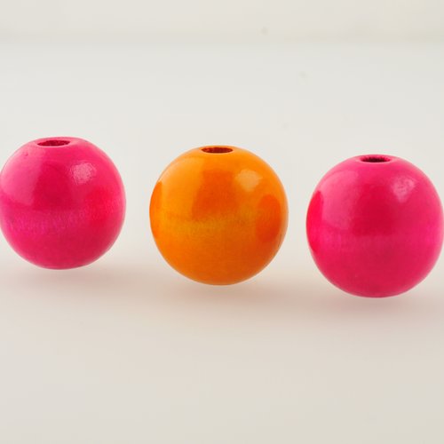 3 perles de bois orange et rose de 23 mm