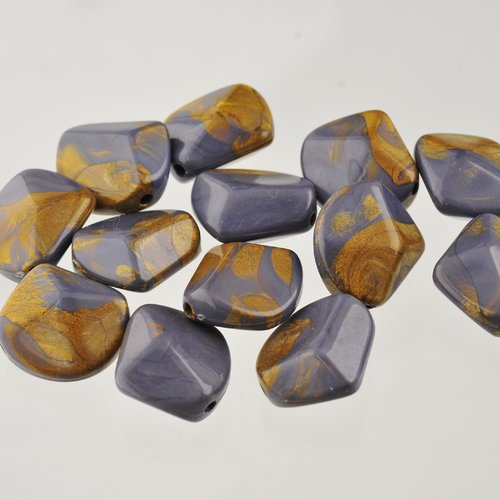11 perles résine bleu-gris et vieil or 18 mm