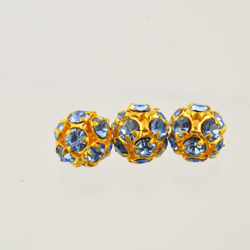 3 perles strass bleus supports dorés 10 mm