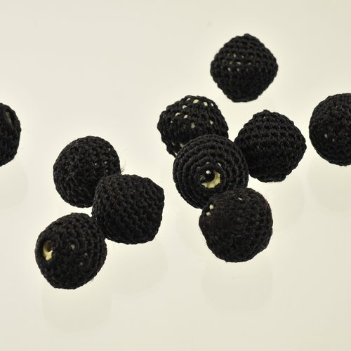 10 perles coton crocheté noires 20 mm