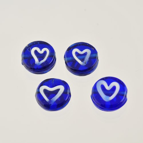 4 perles plates en verre bleu et cœur 14 mm