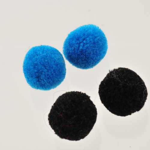 2 pompons bleus, 2 pompons noirs 18 mm