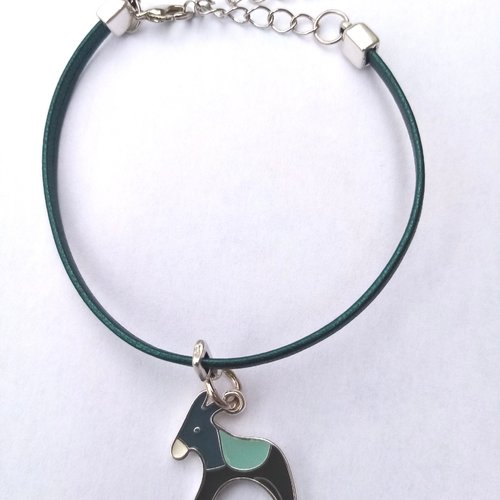 Bracelet manchette en cuir 3 mm de large vert bleu pendentif petit âne