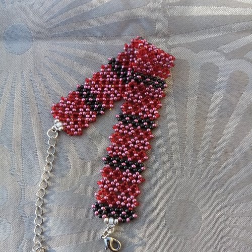 Bracelet manchette femme tissé à la main perles miyuki, rouge, rose et noir