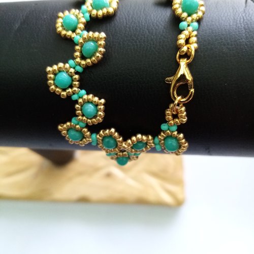 Bracelet gourmette tissé à l'aiguille perles miyuki bijoux femme doré et turquoise