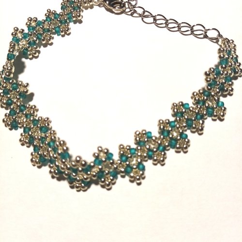 Bracelet gourmette tissé à la main bijoux pour fille perles de rocaille argenté et bleu vert