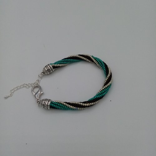 Bracelet perles de rocaille bijoux pour femme tissage spirale, noir, turquoise et argenté