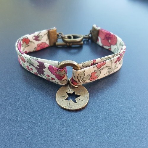 Bracelet biais liberty écru avec fleurs roses