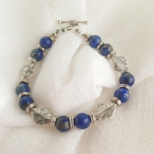 Bracelet argenté et perles naturelles de lapis lazuli