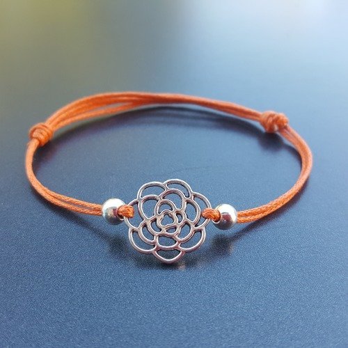 Bracelet cordon coton ciré orange et fleur métal