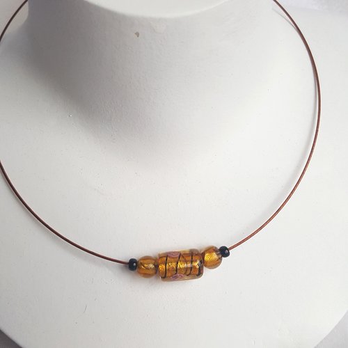 Collier ras de cou avec perles de verre topaze / ambre