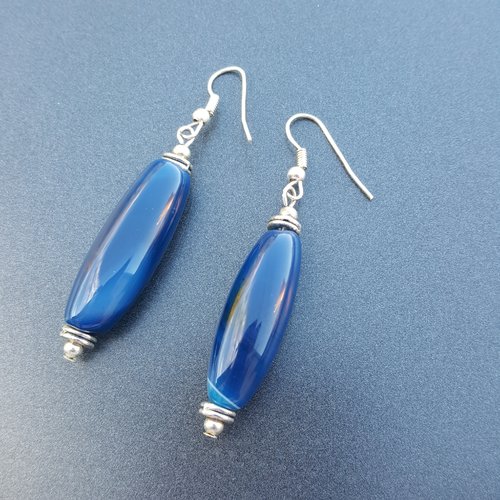Boucles d'oreille en perle  naturelle d'agate  bleue