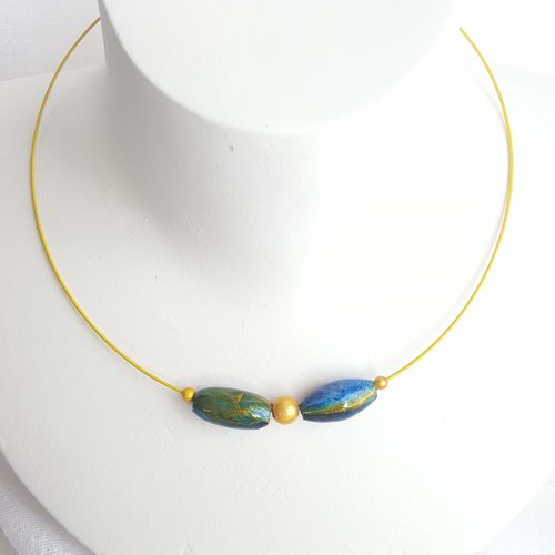 Collier ras de cou avec perles de verre bleues et dorées
