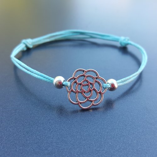 Bracelet cordon coton ciré turquoise et fleur métal