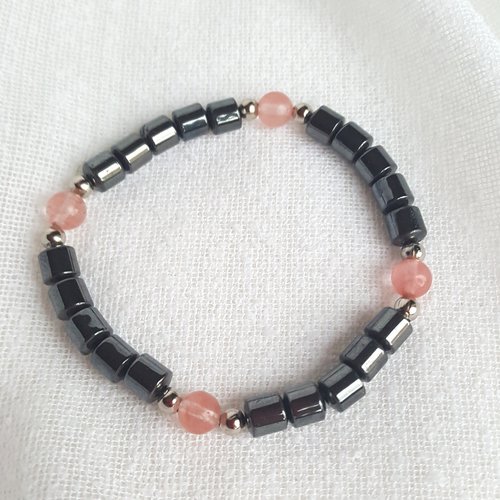 Bracelet en perles naturelles d'hématite et strawberry quartz