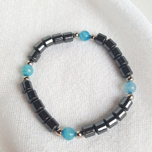 Bracelet en perles naturelles d'hématite et agate bleue