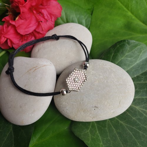 Bracelet hexagonal perles miyuki argentées et roses
