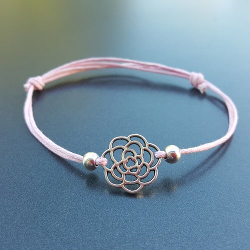 Bracelet cordon coton ciré et fleur métal