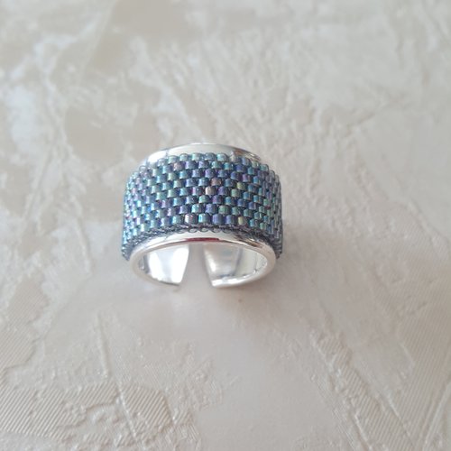 Bague  bleu gris et argentée en perles miyuki  delicas