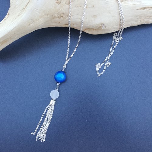 Sautoir  en perle de verre et perle miracle bleue