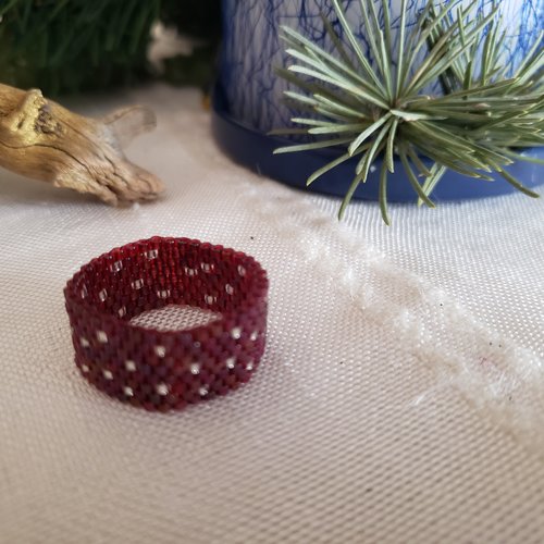 Bague argent et rouge en perles miyuki  delicas