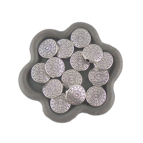 X30 perles en métal  ronde plate  gravée  argenté 10mm (142c)