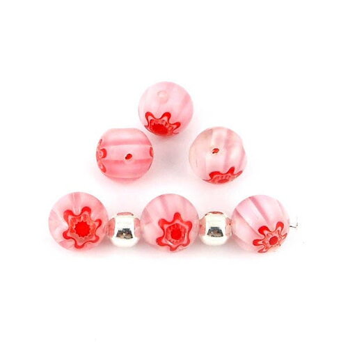 X10 perles rondes millefiori verre fleur rose 10mm  (68c)