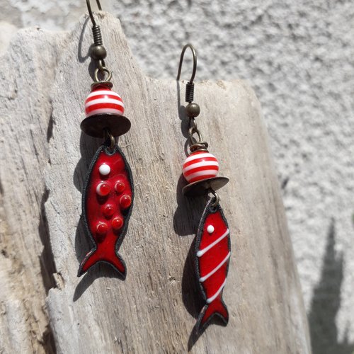 Boucles d'oreille pendante cuivre émaillé poisson rouge