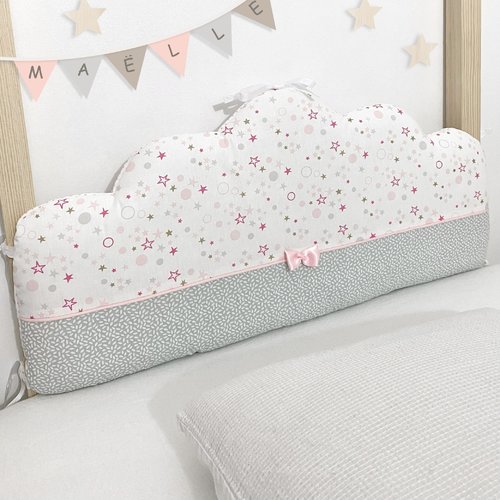 Coussin nuage pour tête ou tour de lit, gris et étoile rose, en 60 cm large. a l'unité ou par lot de 3