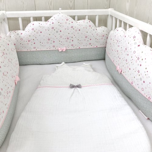 Lot de 3 nuages pour tour de lit, gris et étoile rose, en 60 cm large chacun