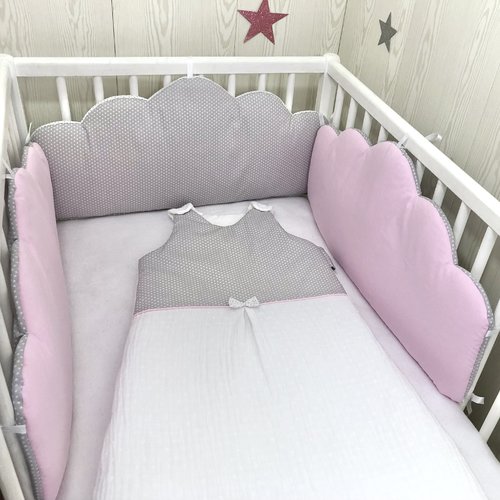 Tour de lit bébé en 3 nuages, rose et gris, réversible