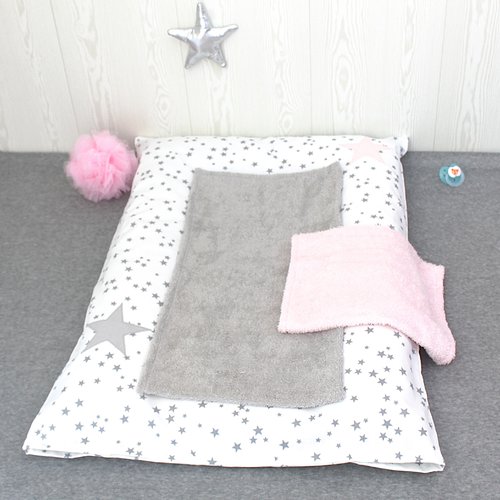 Housse pour matelas à langer, étoiles grises et roses, 2 serviettes de change