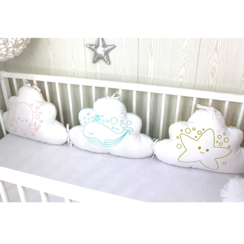 Lot de 3 coussins nuages, thème marin, baleine, étoile et poulpe. promotion