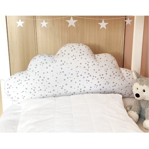 Tête de lit coussin nuage motif étoiles gris argent, pour tour de lit bébé ou lit cabane enfant, largeur 60, 70, 80 ou 90 cm